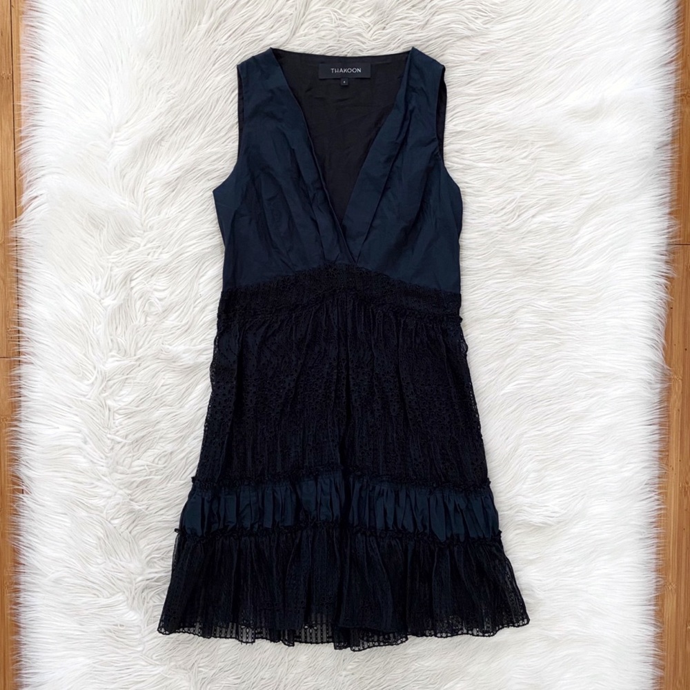 Thakoon Black Silk Eyelet Tiered Hem V-Neck Sleeveless Dress Quiet Luxury